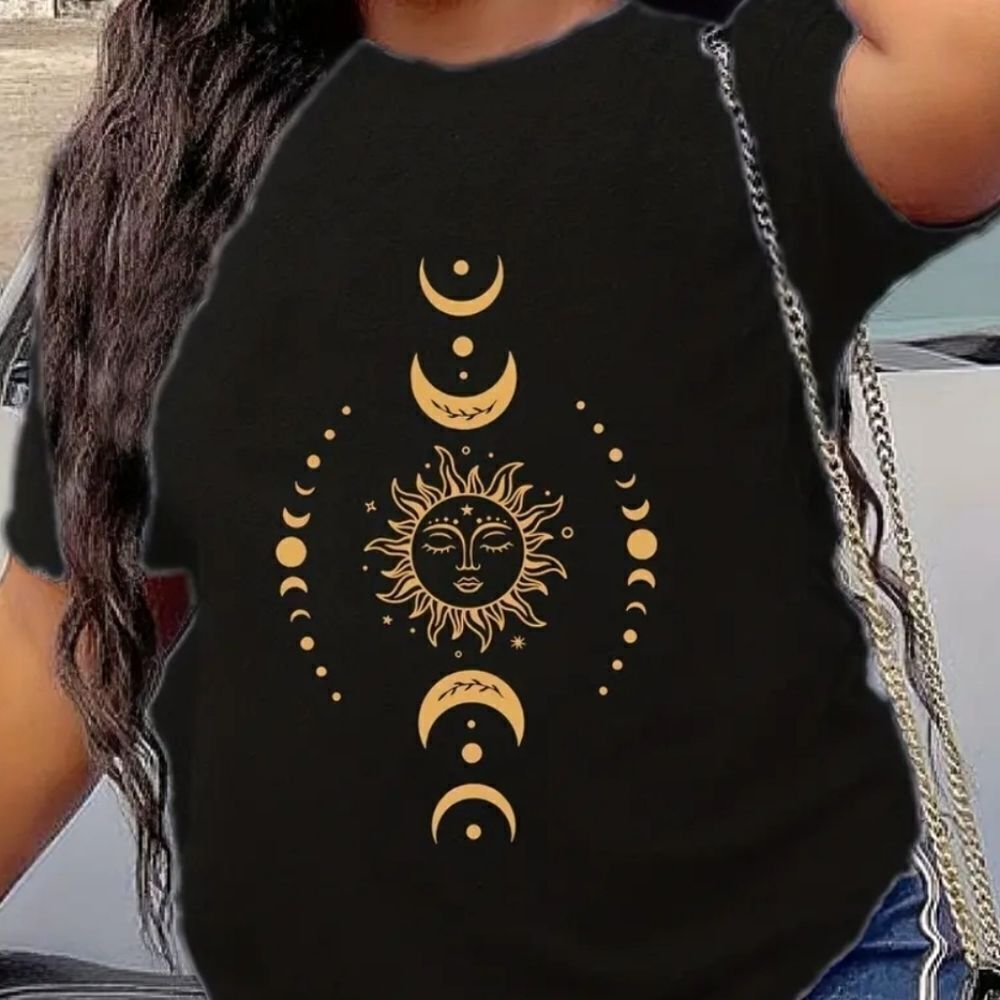 Plus Size Cotton Sun & Moon Print Round Neck T-Shirt Sz 3X